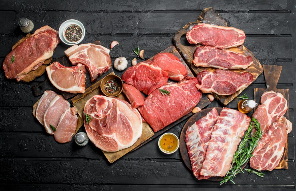 Raw meat. Different kinds of pork and beef meat.